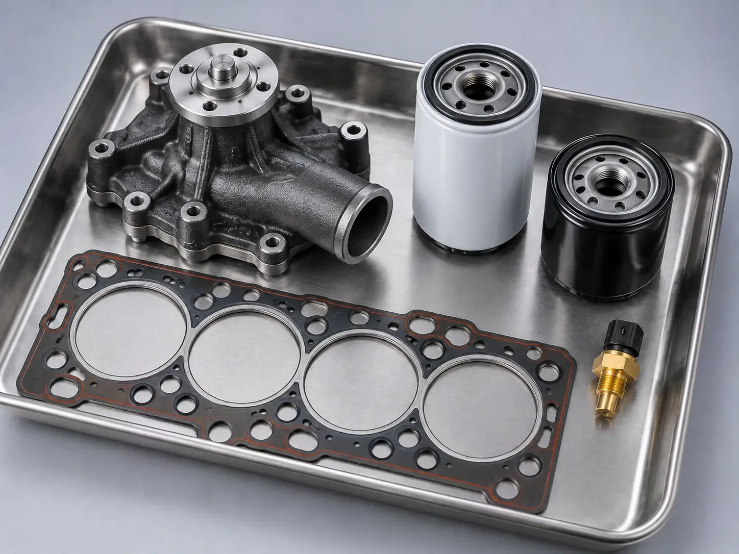 A water pump, two filters, a cylinder head gasket and a sensor laid out in a steel parts tray