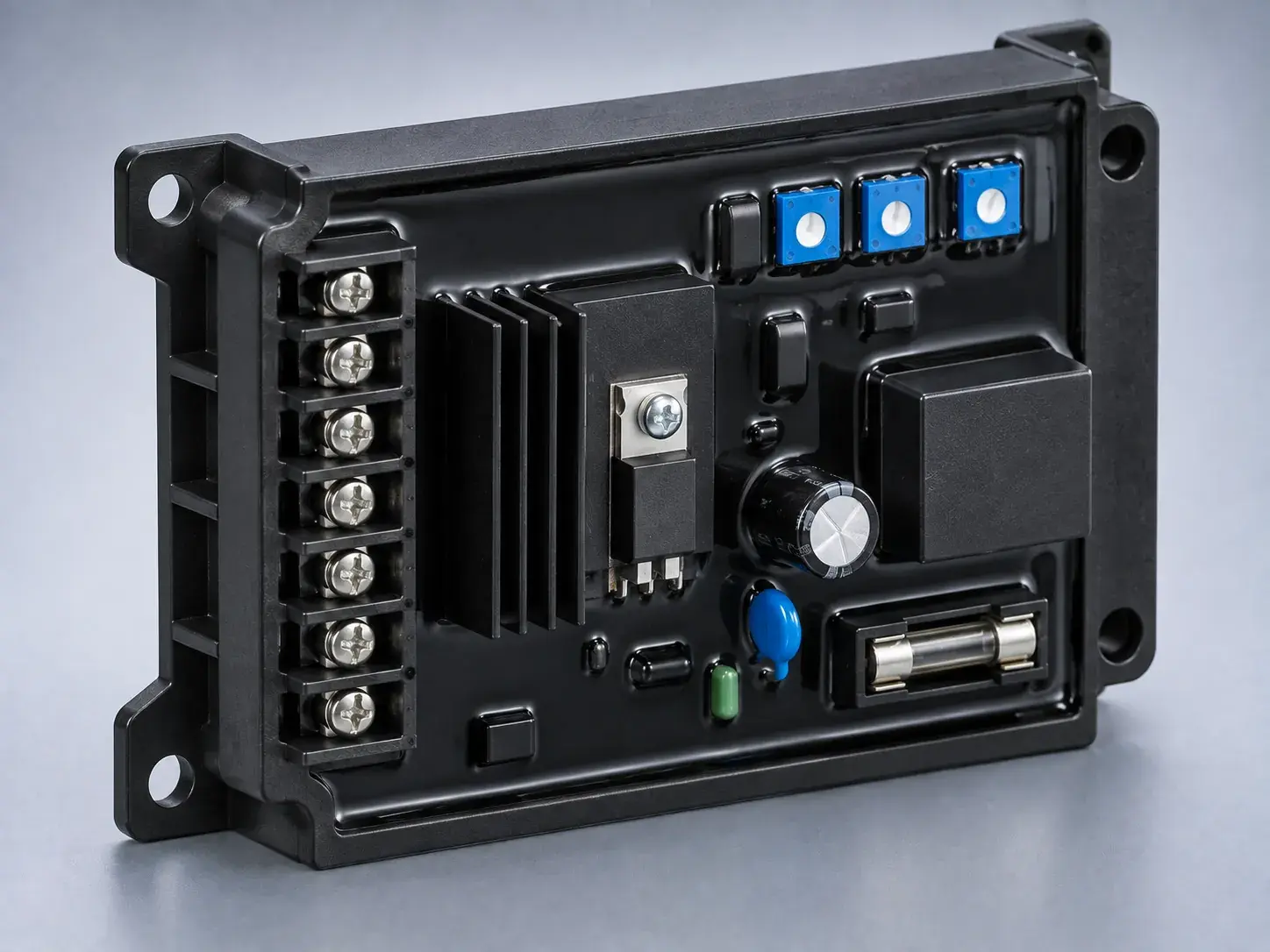 A new automatic voltage regulator in a black potted case with a terminal strip