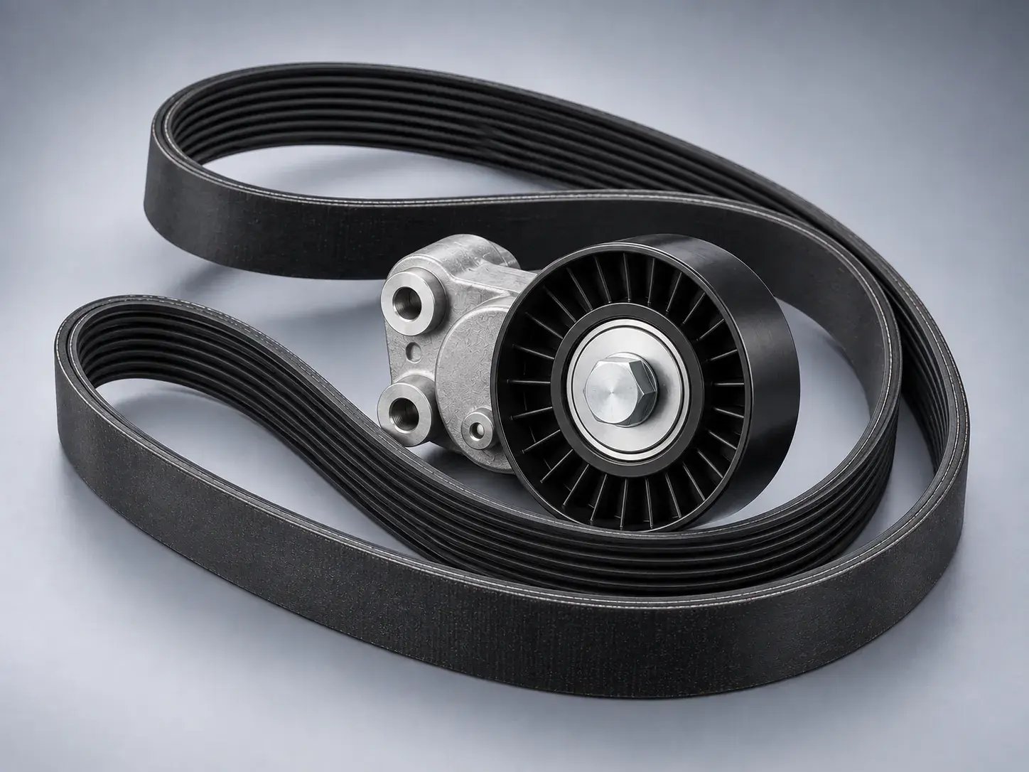 A new ribbed drive belt coiled in a loop, with a tensioner pulley resting inside it