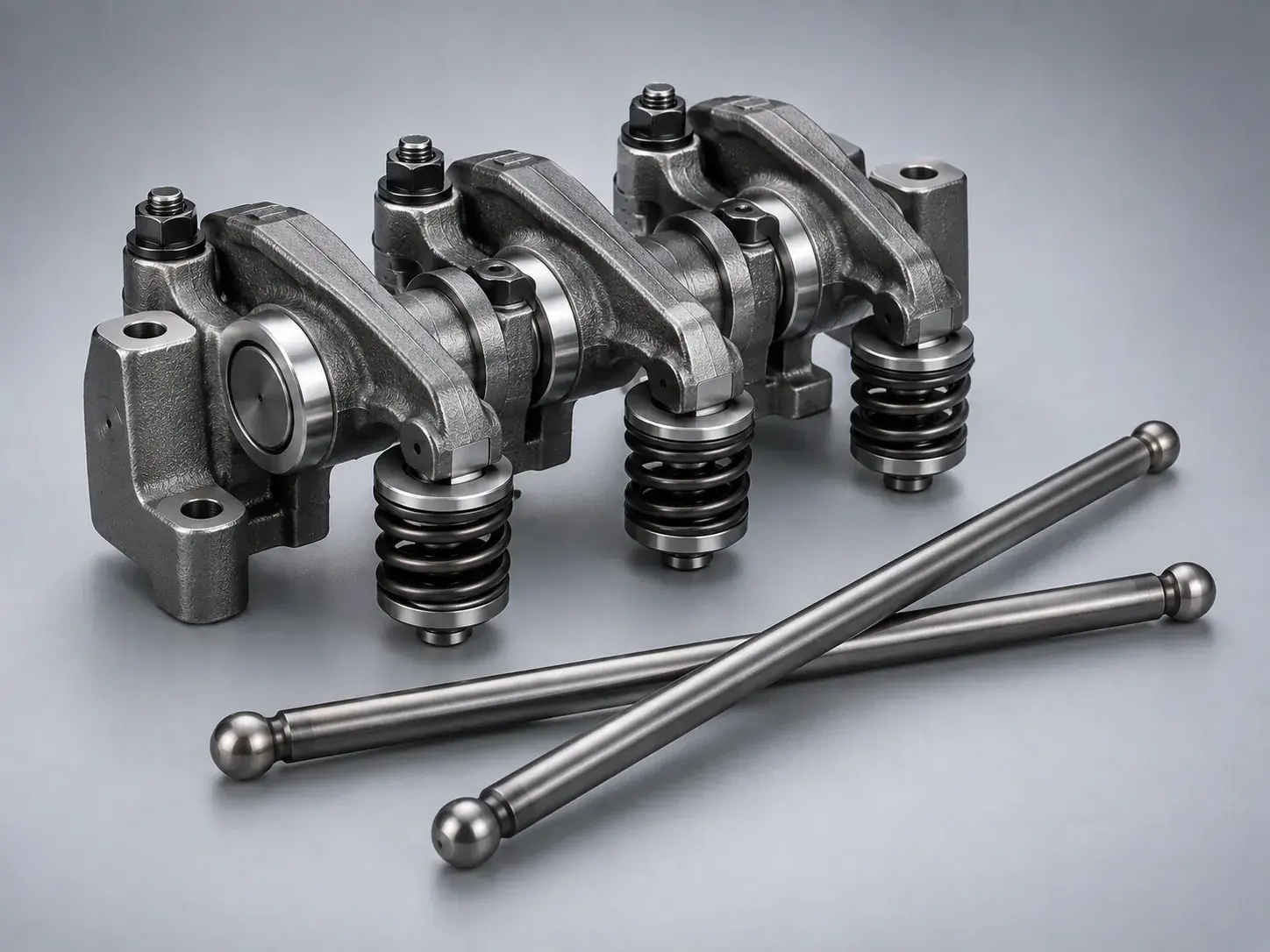 A new rocker arm assembly with two pushrods laid in front of it