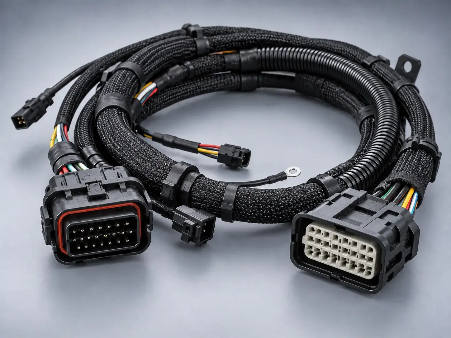 A new genset wiring harness coiled loosely, with two multi-pin connectors