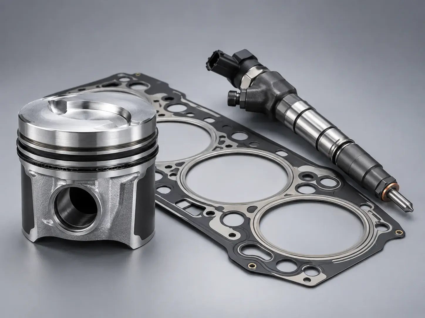 A diesel piston, a multi-layer cylinder head gasket and a fuel injector, new and arranged together