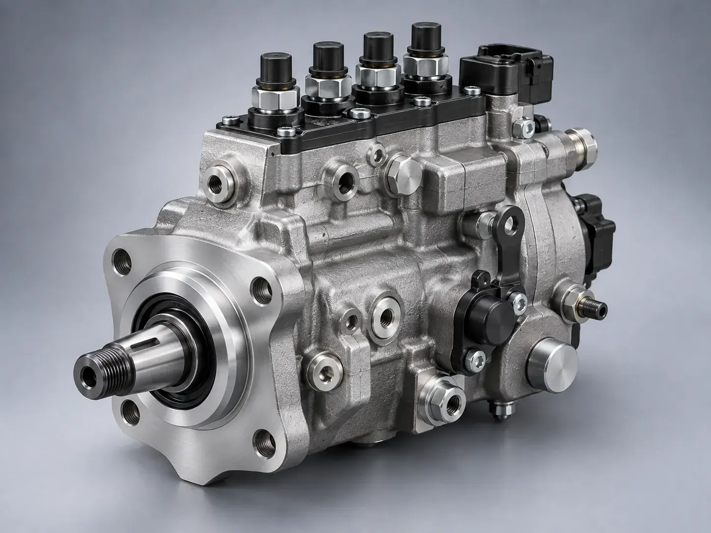 A new cast aluminium diesel injection pump, drive shaft and mounting flange toward the camera
