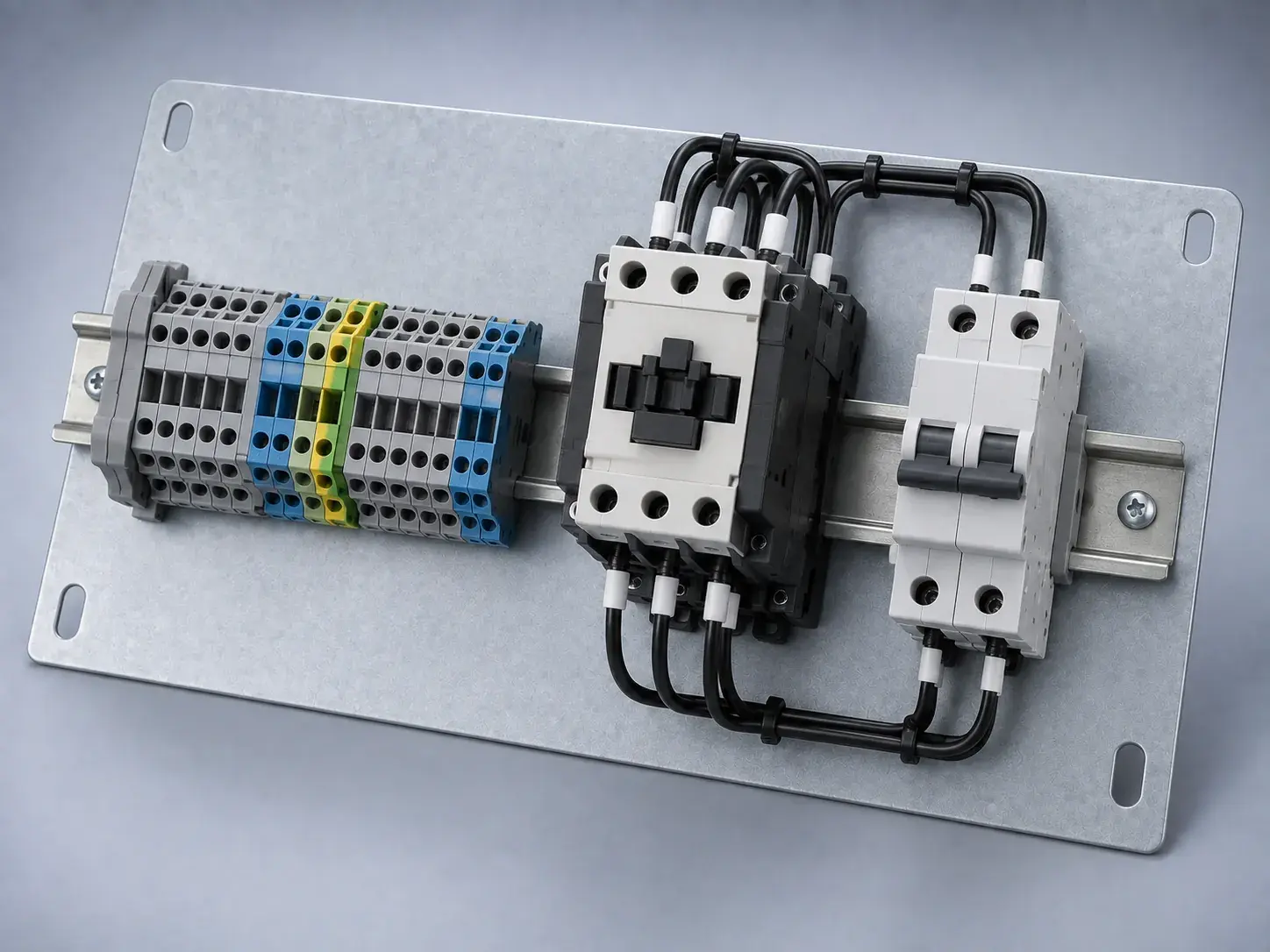 A new control panel backplate with DIN rail terminals, a contactor and a circuit breaker