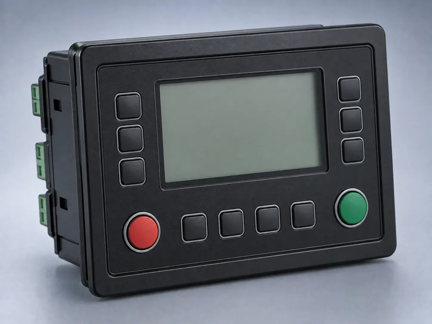 A new genset controller module with a blank display and unmarked buttons
