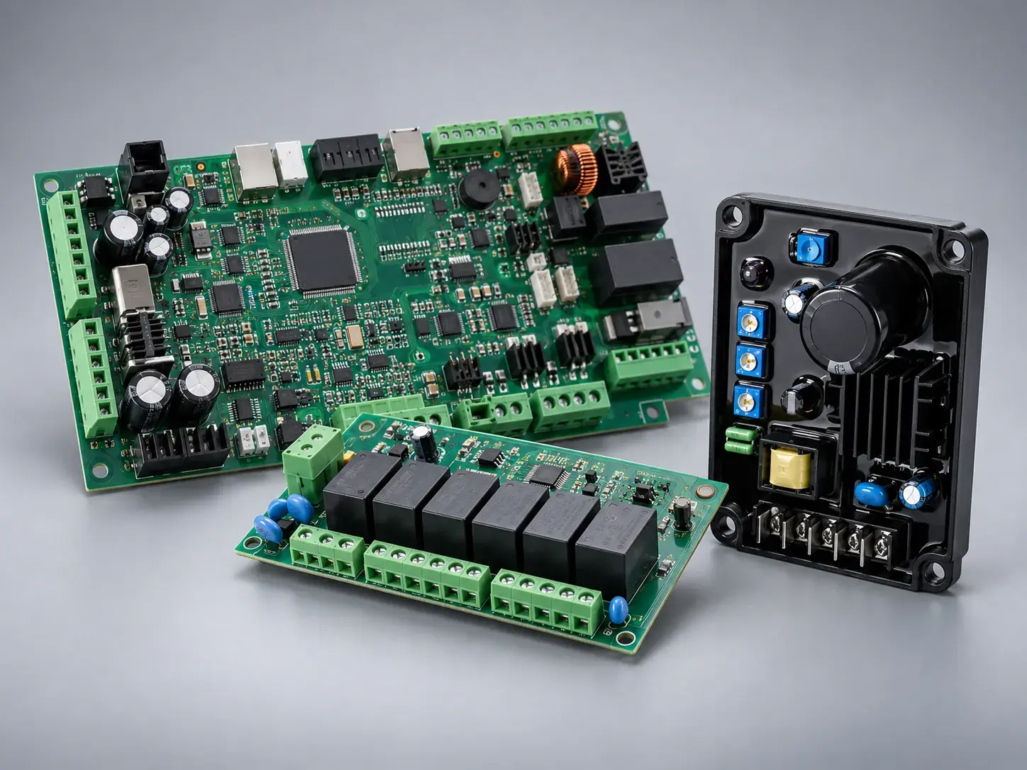 A generator control board, a relay card and an AVR module, new and arranged together