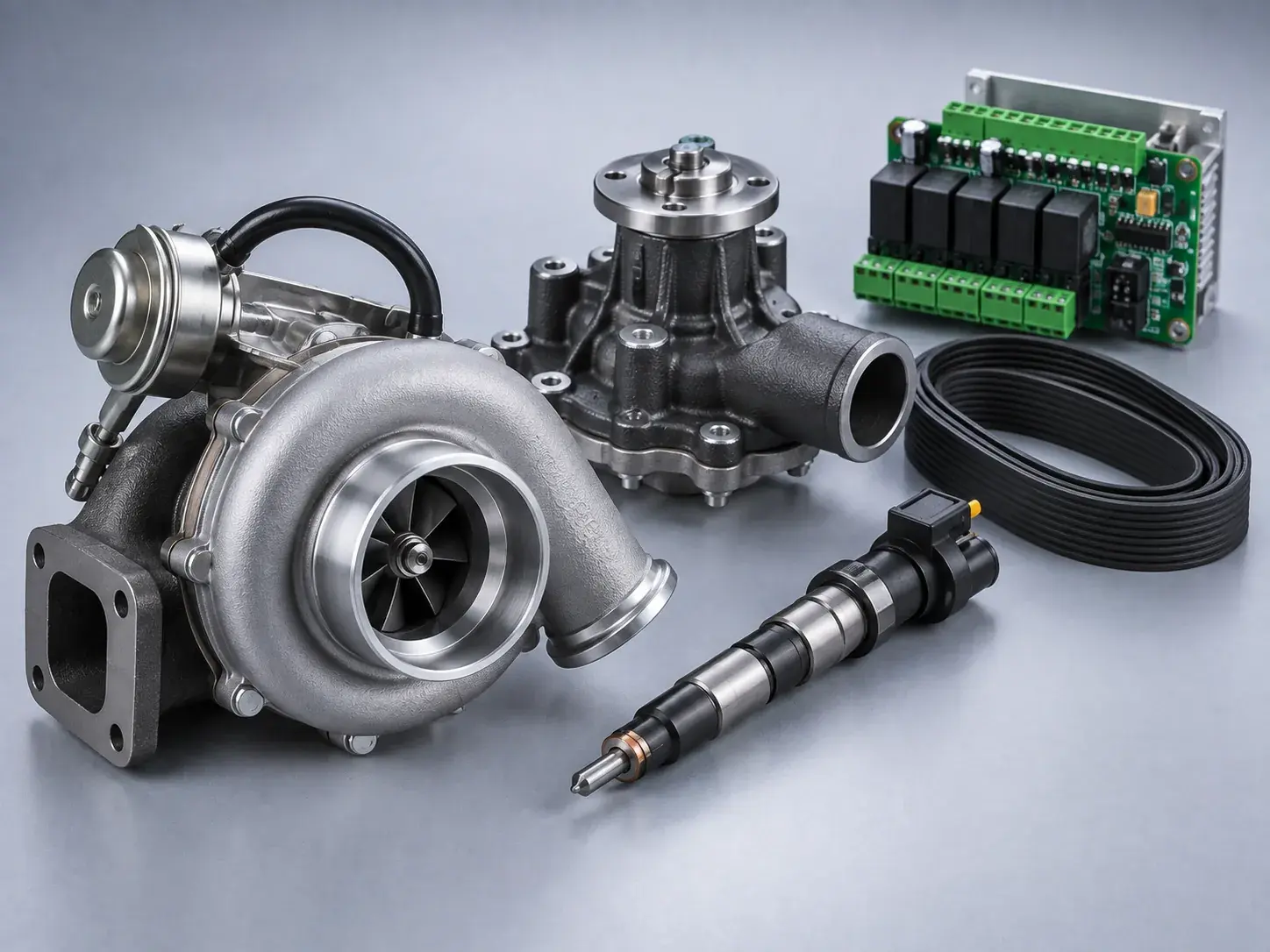 A turbocharger, a water pump, a fuel injector, a coiled drive belt and a relay card, new and laid out together
