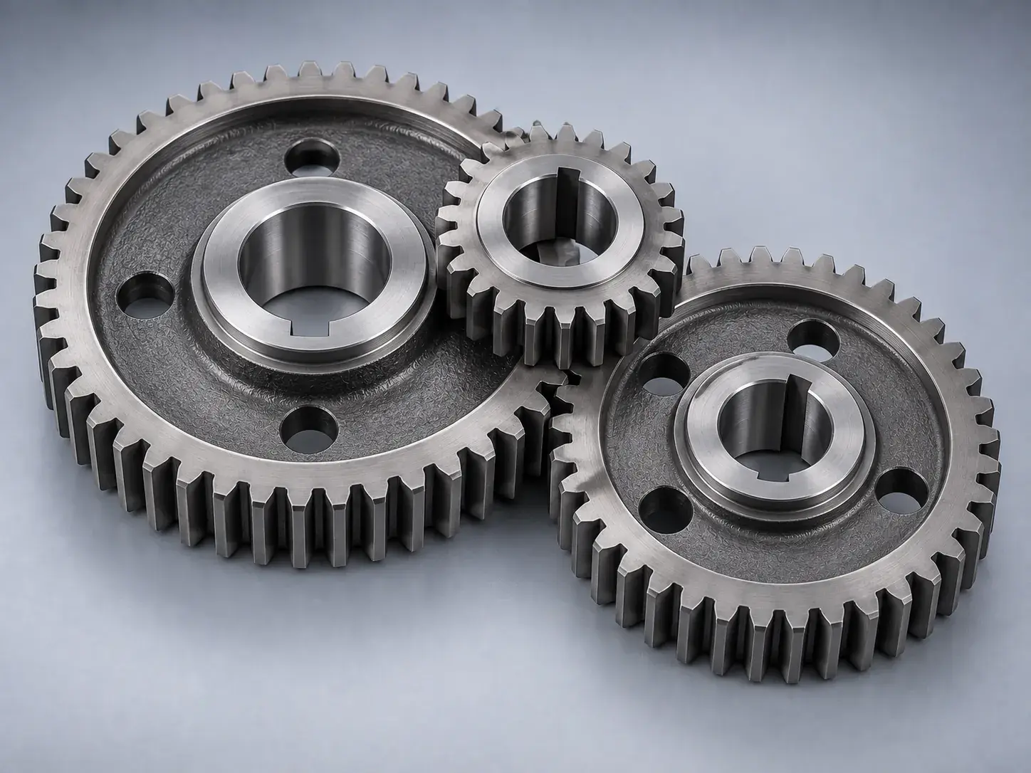 Three new steel timing gears of different sizes, their teeth meshing