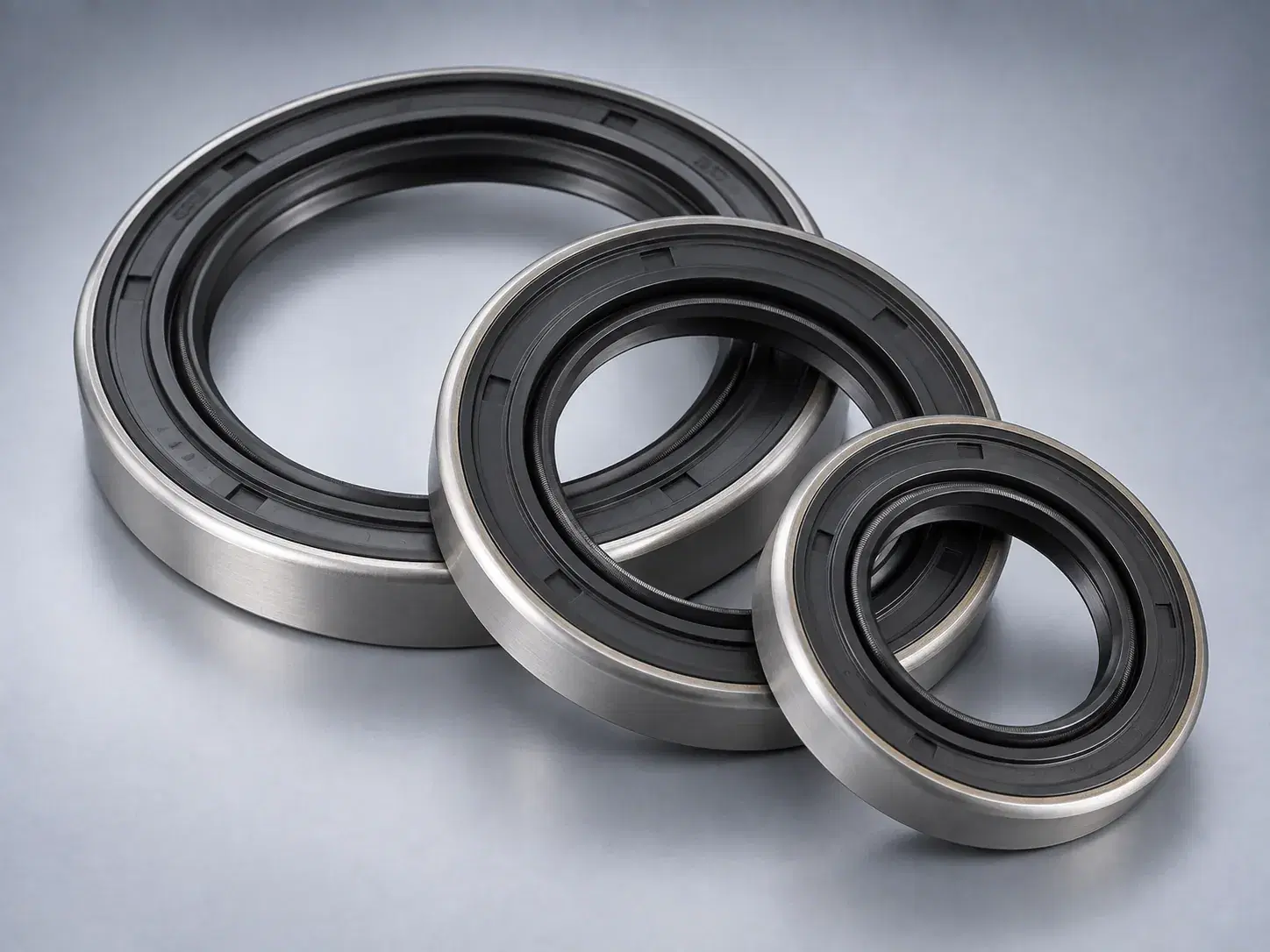 Three new crankshaft oil seals of different diameters, stacked in a fan