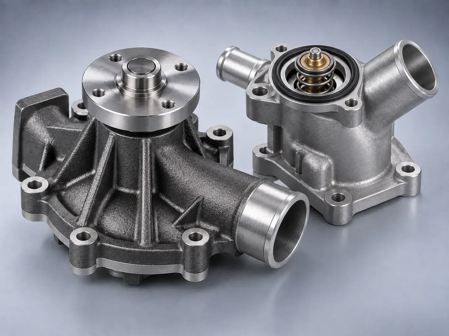 A new diesel engine water pump beside a thermostat housing