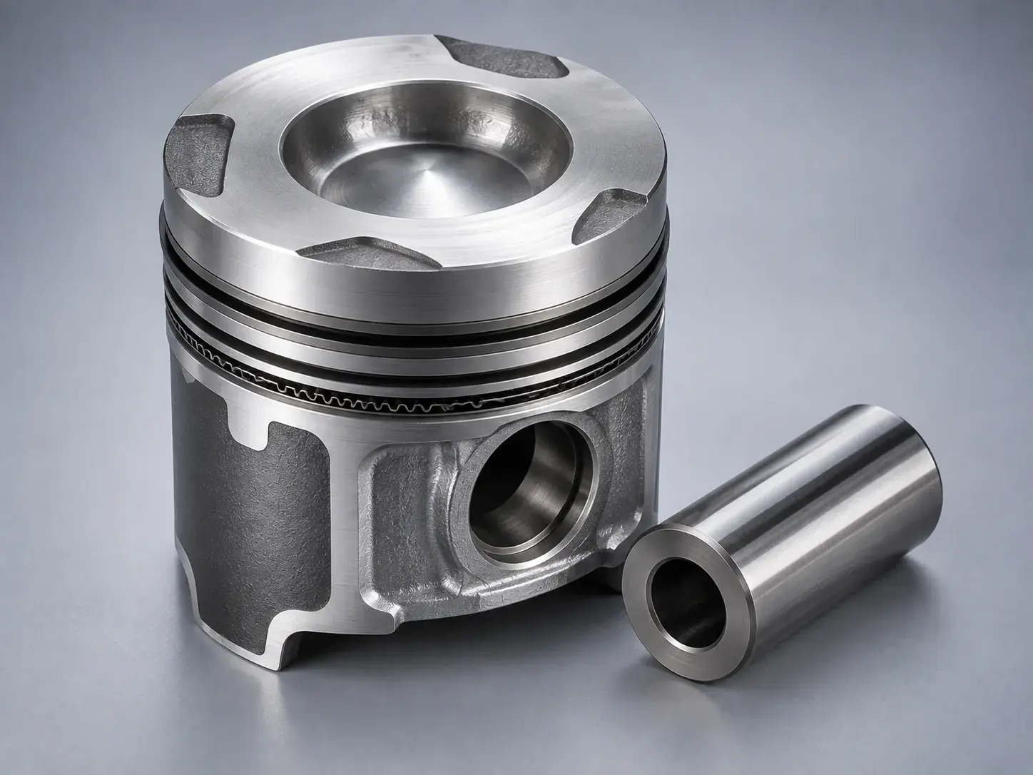 A new diesel piston with its rings fitted, the gudgeon pin lying beside it