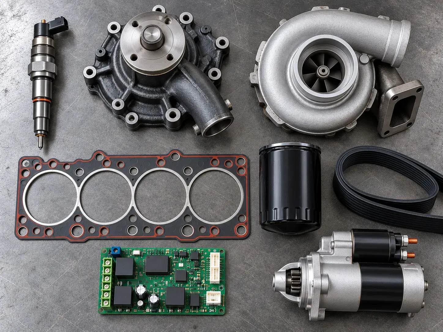 Diesel engine and generator spares laid out on a workbench: injector, water pump, turbocharger, head gasket, filter, drive belt, relay board and starter motor.