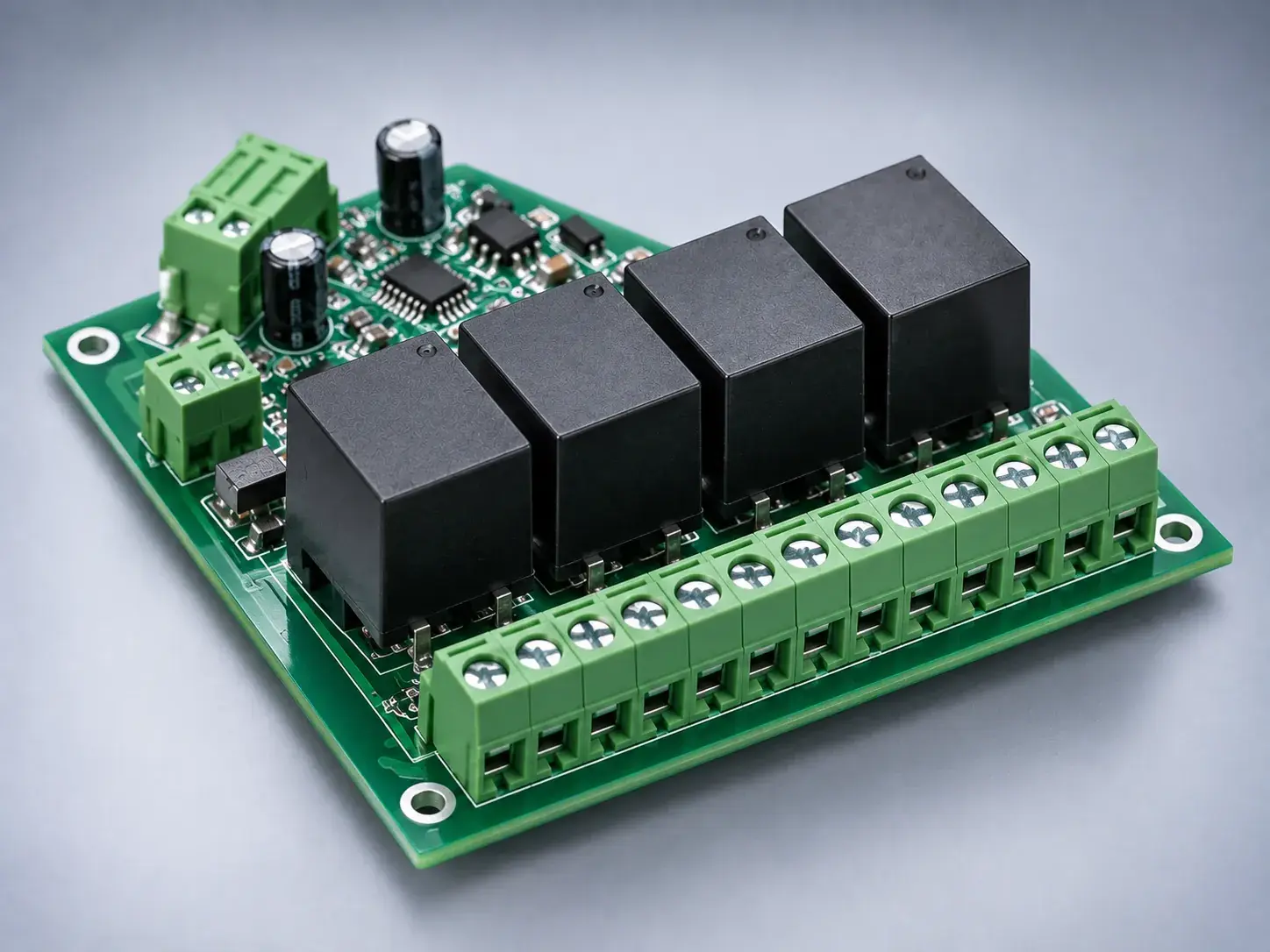 A new green relay card with four relays and a screw terminal strip