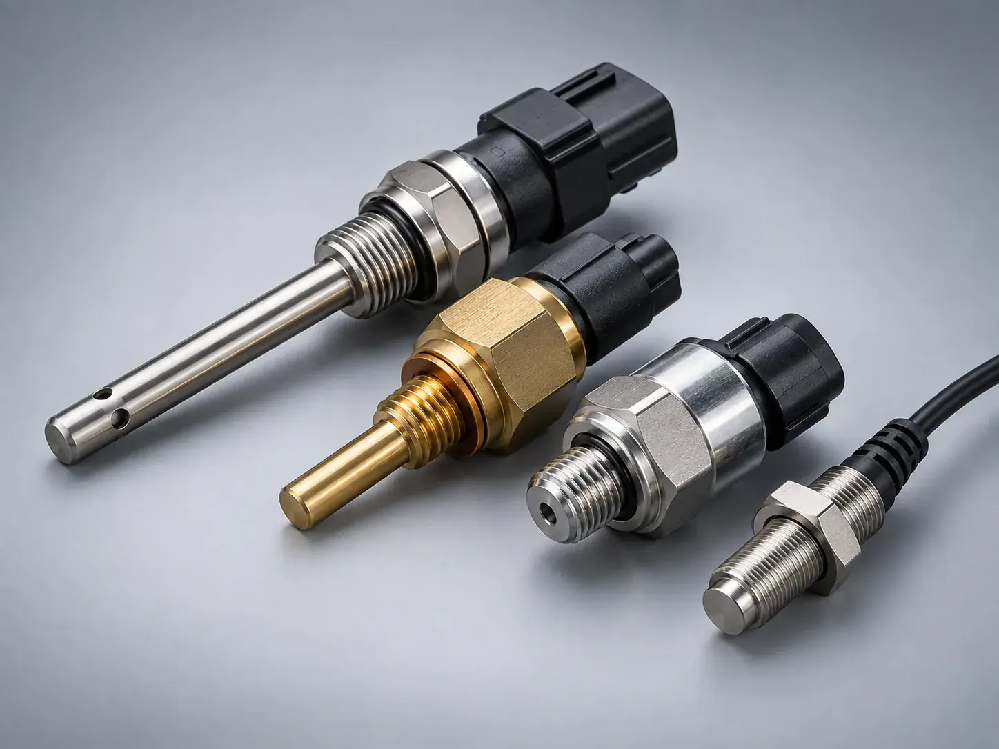 A temperature sender, a pressure switch, a coolant level probe and a speed pickup, laid in a row