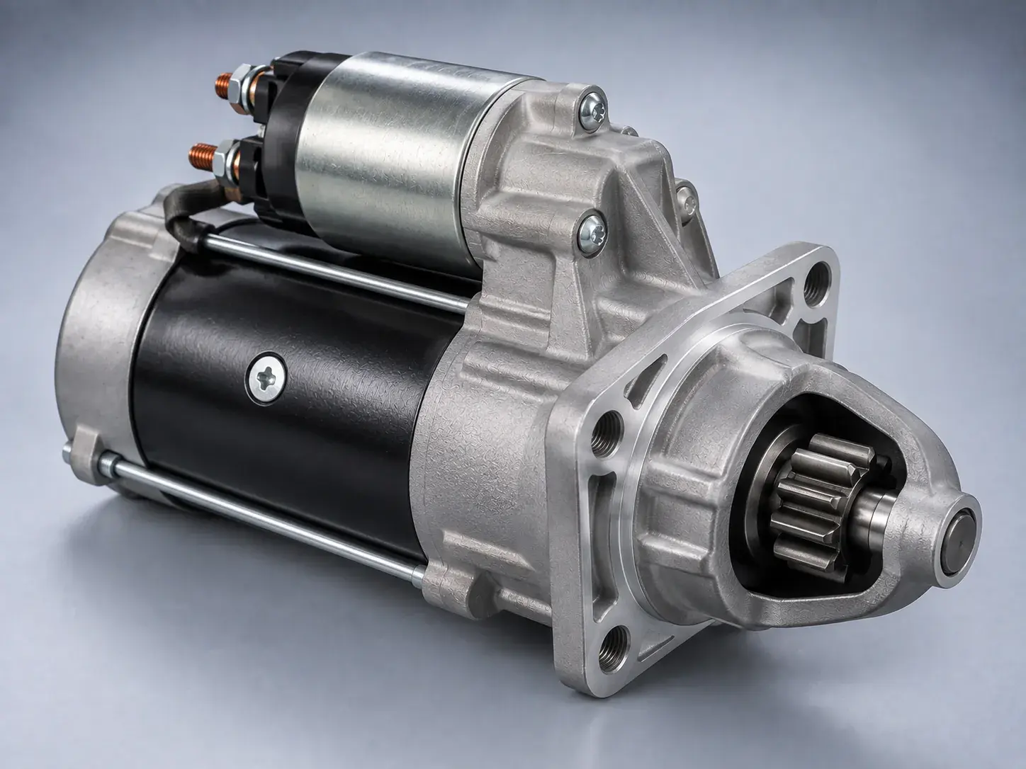 A new starter motor with its solenoid, pinion teeth toward the camera