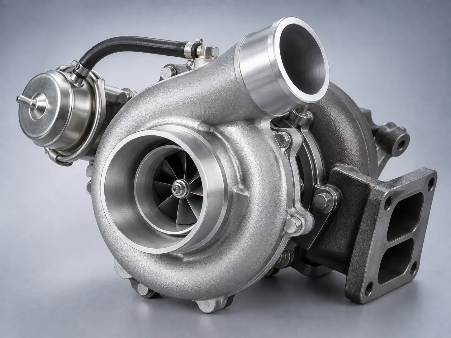 A new turbocharger with its compressor wheel visible down the inlet throat