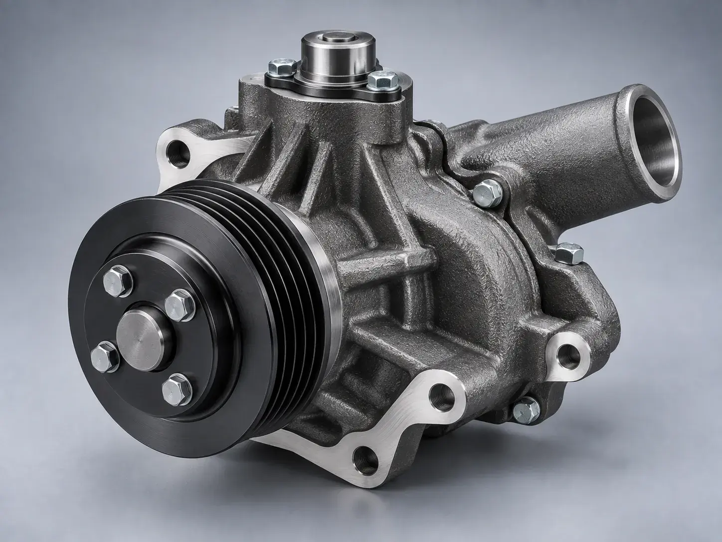 A new diesel engine coolant pump showing its pulley hub and outlet stub